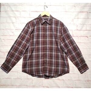 Bruno New York Shirt Mens Medium Burgundy Plaid Button‎ Up Long Sleeve Easy Care
